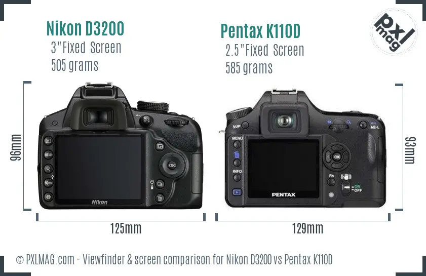 Nikon D3200 vs Pentax K110D Screen and Viewfinder comparison