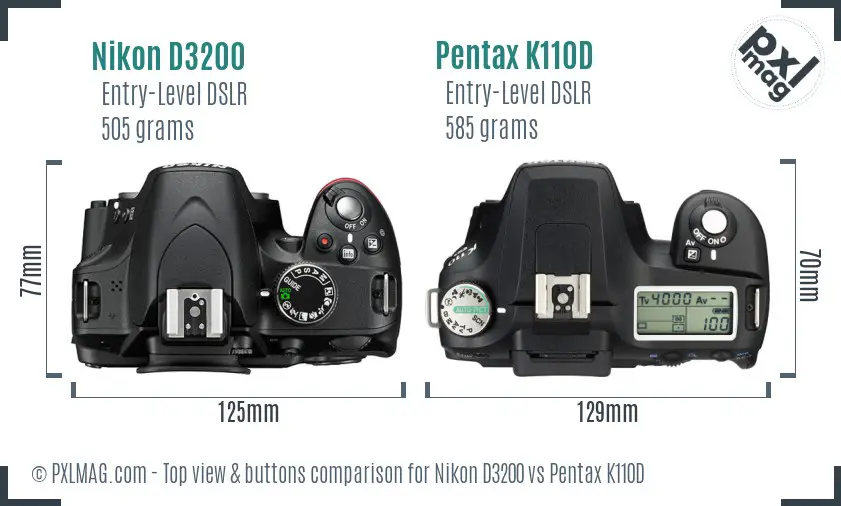Nikon D3200 vs Pentax K110D top view buttons comparison