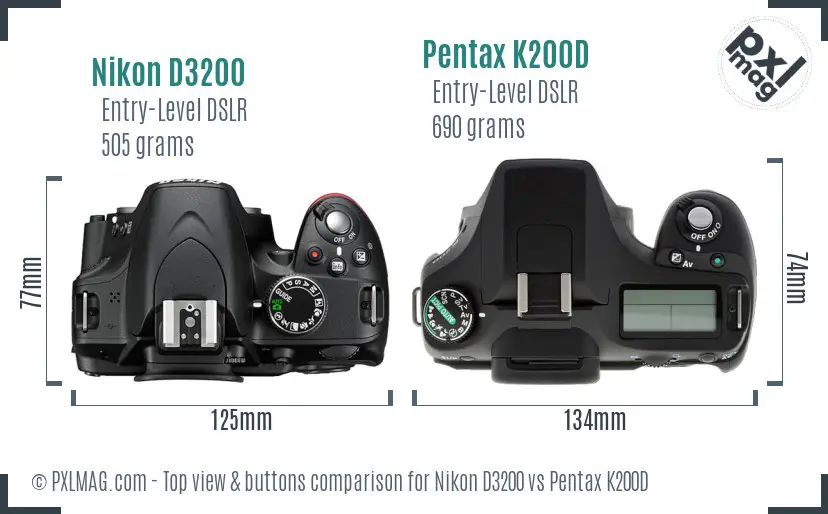 Nikon D3200 vs Pentax K200D top view buttons comparison