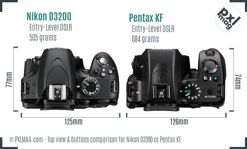 Nikon D3200 vs Pentax KF top view buttons comparison
