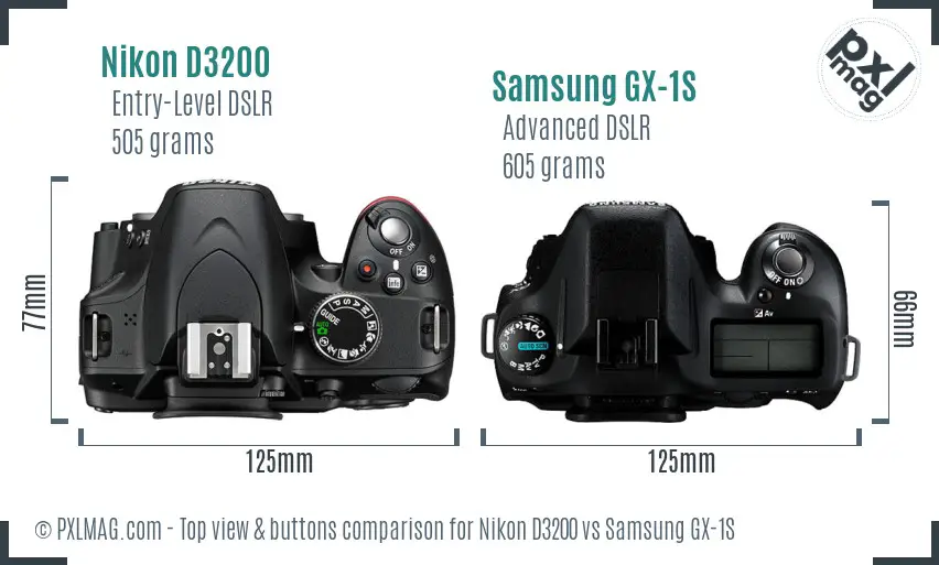 Nikon D3200 vs Samsung GX-1S top view buttons comparison