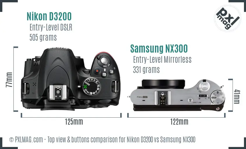 Nikon D3200 vs Samsung NX300 top view buttons comparison Nikon D3200 vs Samsung NX300 top view buttons comparison