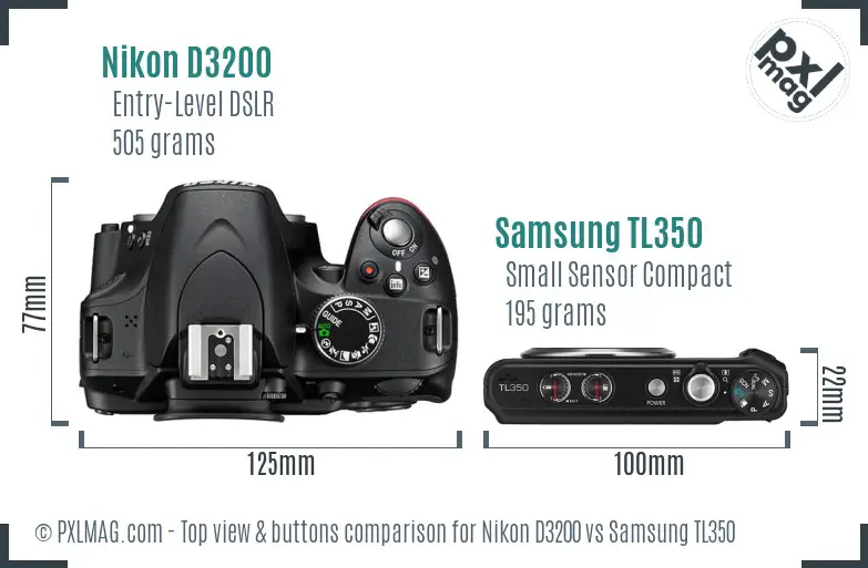 Nikon D3200 vs Samsung TL350 top view buttons comparison