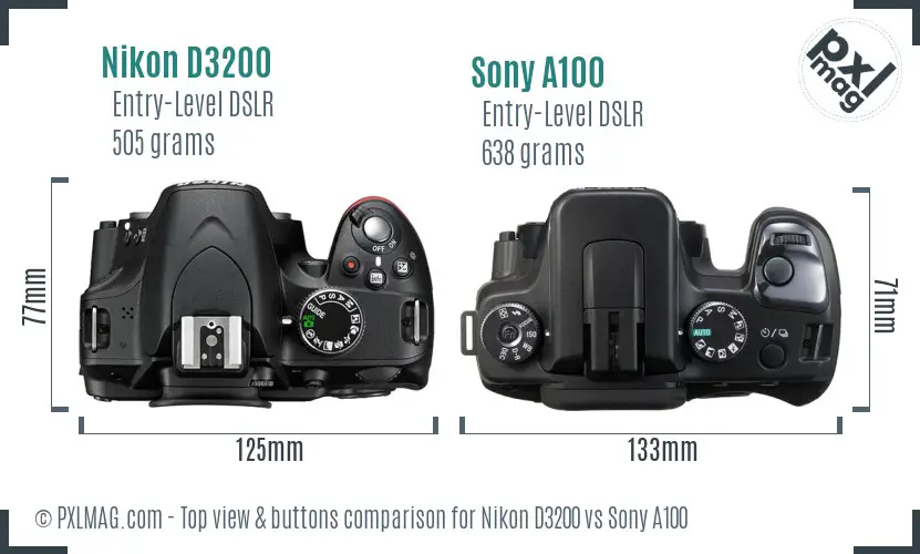 Nikon D3200 vs Sony A100 top view buttons comparison