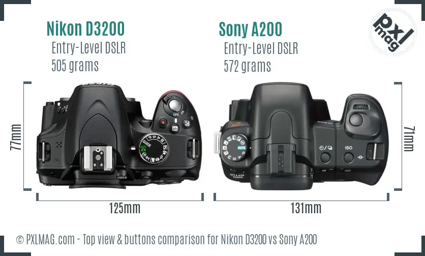Nikon D3200 vs Sony A200 top view buttons comparison