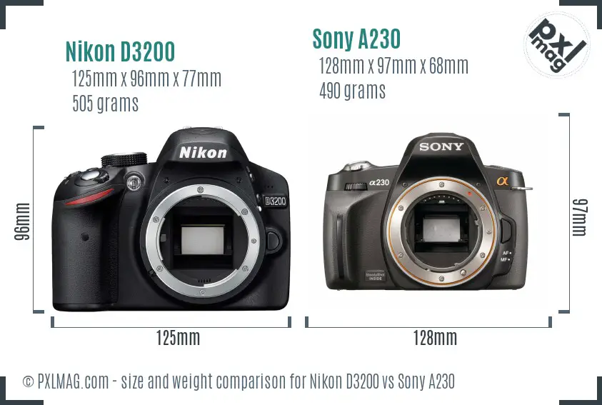 Nikon D3200 vs Sony A230 size comparison