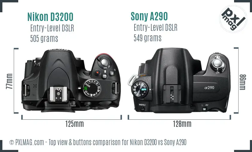 Nikon D3200 vs Sony A290 top view buttons comparison