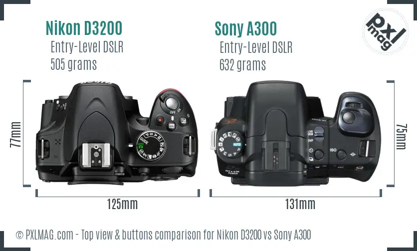 Nikon D3200 vs Sony A300 top view buttons comparison