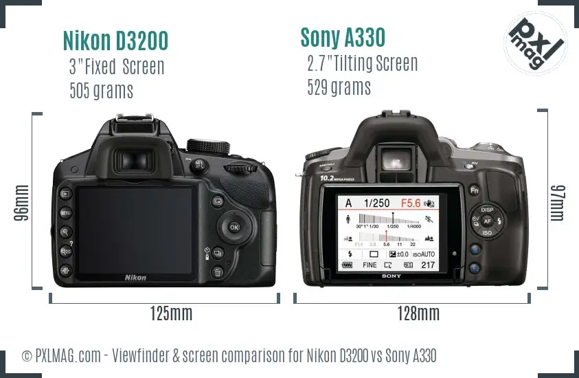 Nikon D3200 vs Sony A330 Screen and Viewfinder comparison