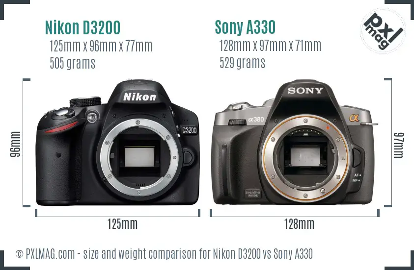Nikon D3200 vs Sony A330 size comparison