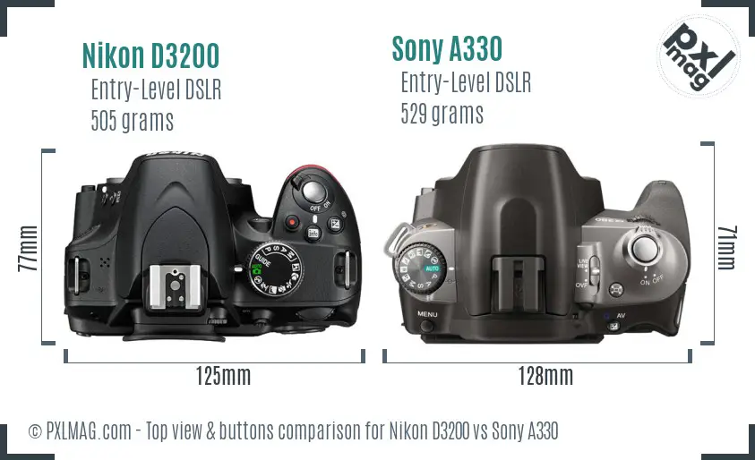 Nikon D3200 vs Sony A330 top view buttons comparison