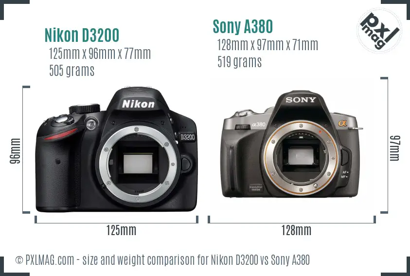 Nikon D3200 vs Sony A380 size comparison