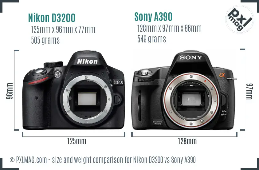 Nikon D3200 vs Sony A390 size comparison
