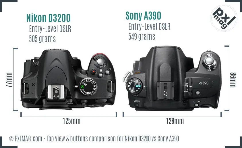 Nikon D3200 vs Sony A390 top view buttons comparison
