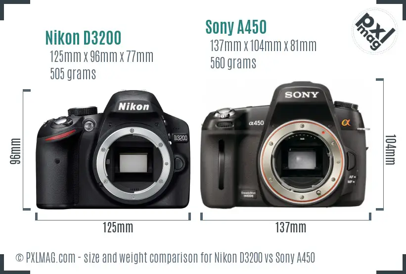 Nikon D3200 vs Sony A450 size comparison
