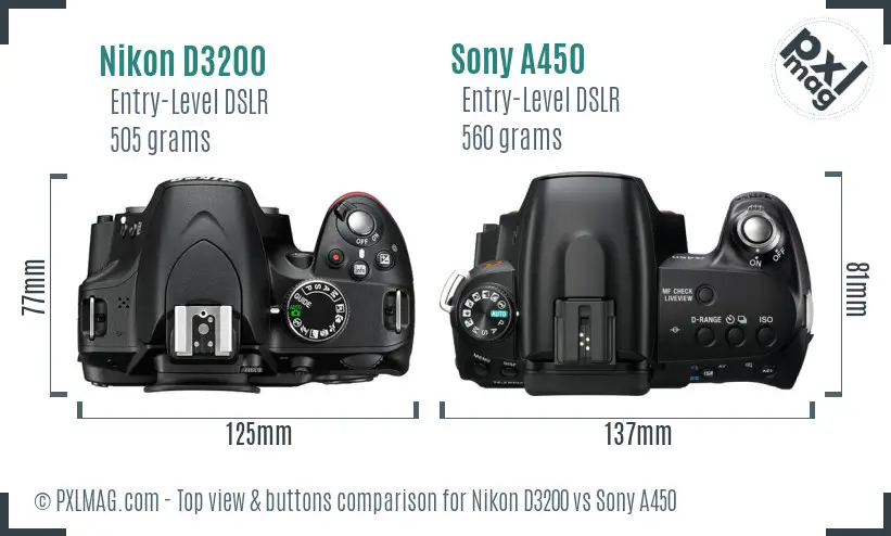 Nikon D3200 vs Sony A450 top view buttons comparison
