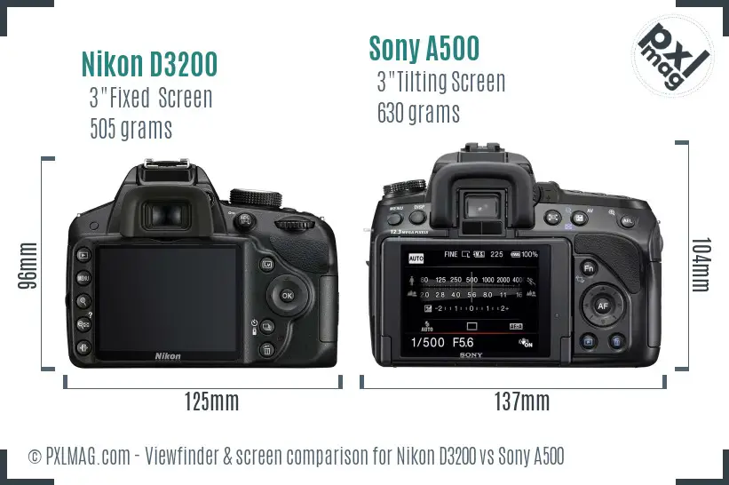 Nikon D3200 vs Sony A500 Screen and Viewfinder comparison