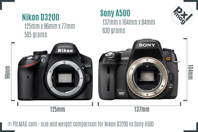 Nikon D3200 vs Sony A500 size comparison