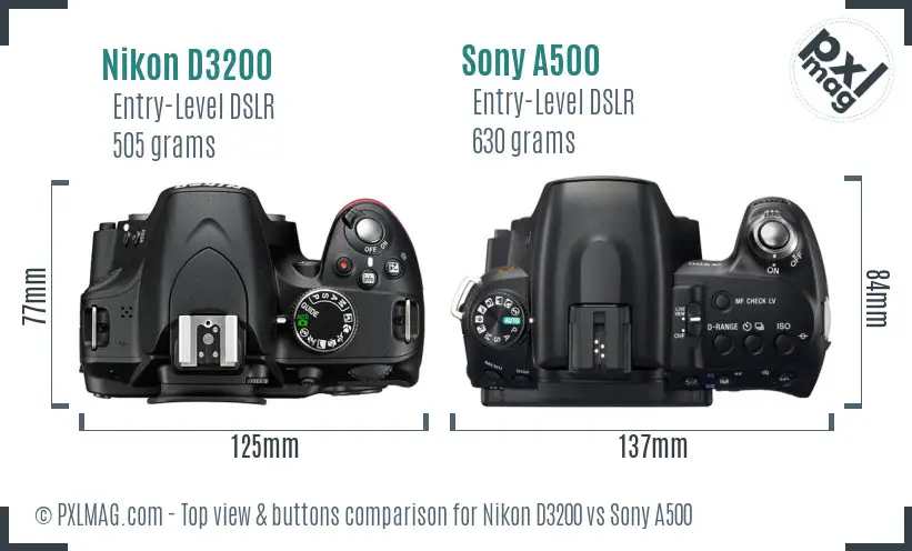 Nikon D3200 vs Sony A500 top view buttons comparison