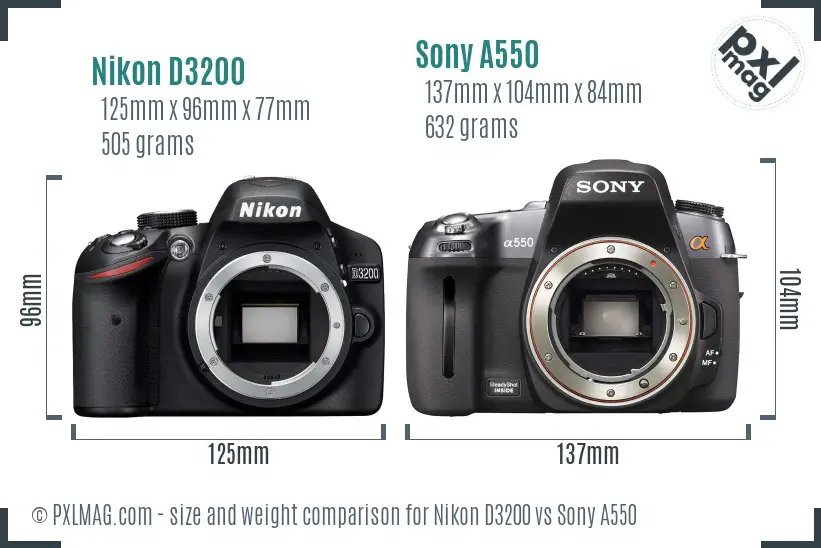Nikon D3200 vs Sony A550 size comparison