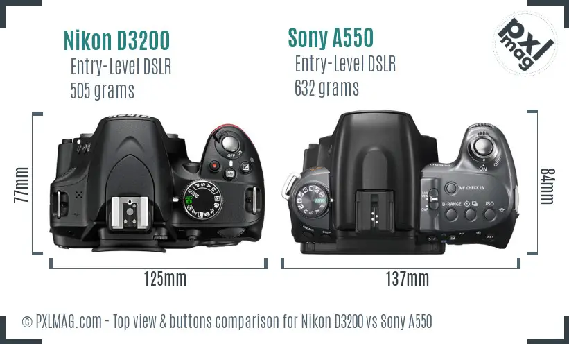 Nikon D3200 vs Sony A550 top view buttons comparison