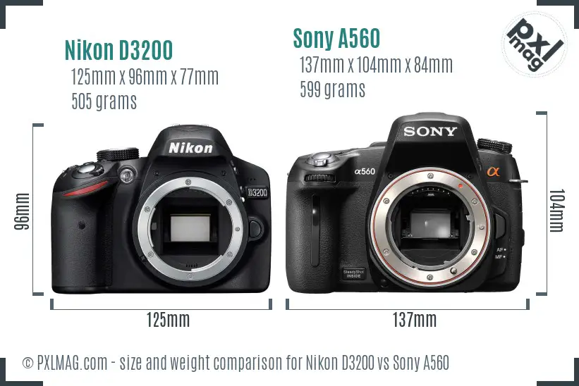 Nikon D3200 vs Sony A560 size comparison
