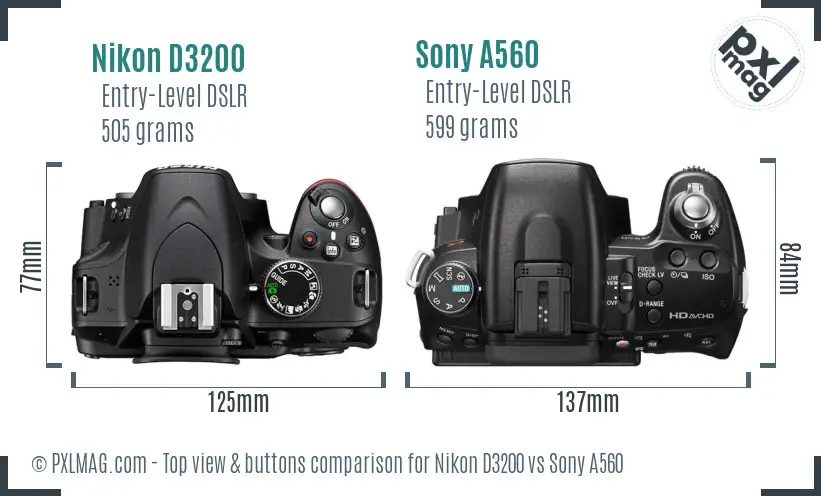 Nikon D3200 vs Sony A560 top view buttons comparison