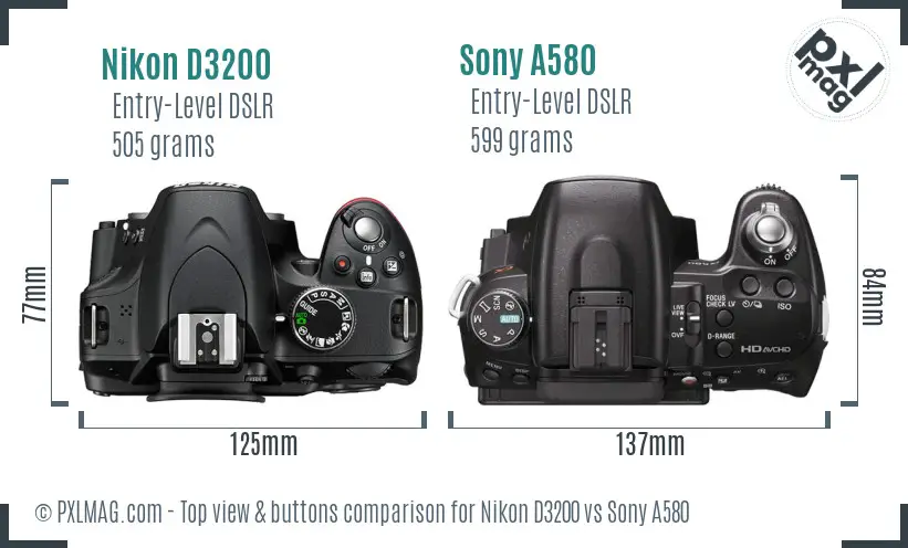 Nikon D3200 vs Sony A580 top view buttons comparison