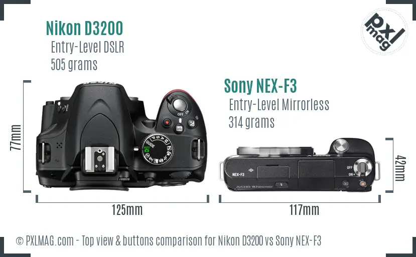 Nikon D3200 vs Sony NEX-F3 top view buttons comparison Nikon D3200 vs Sony NEX-F3 top view buttons comparison