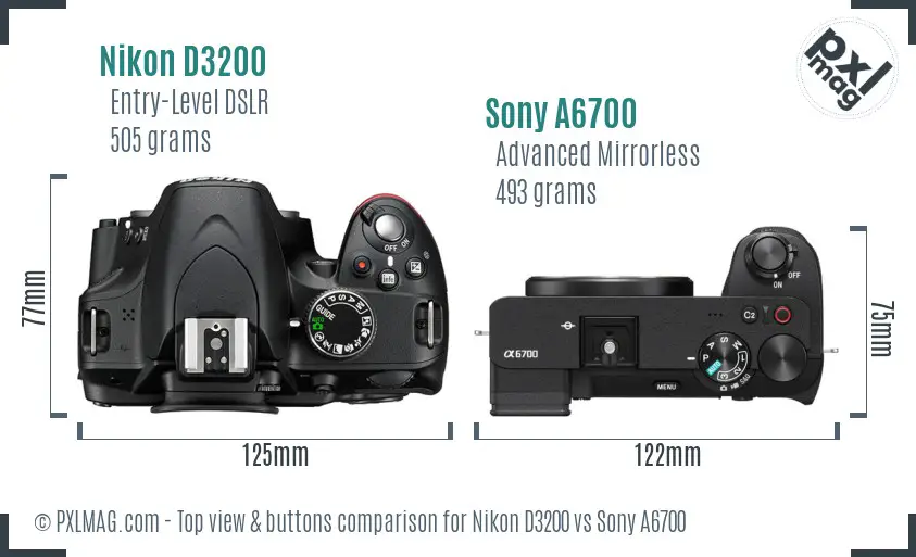 Nikon D3200 vs Sony A6700 top view buttons comparison
