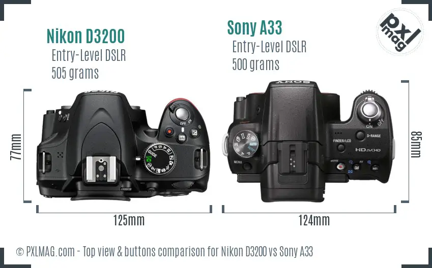 Nikon D3200 vs Sony A33 top view buttons comparison