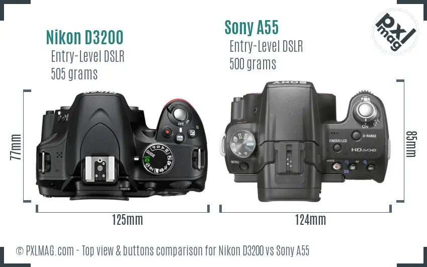 Nikon D3200 vs Sony A55 top view buttons comparison