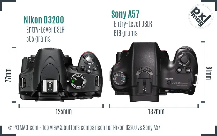 Nikon D3200 vs Sony A57 top view buttons comparison