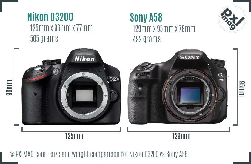 Nikon D3200 vs Sony A58 size comparison