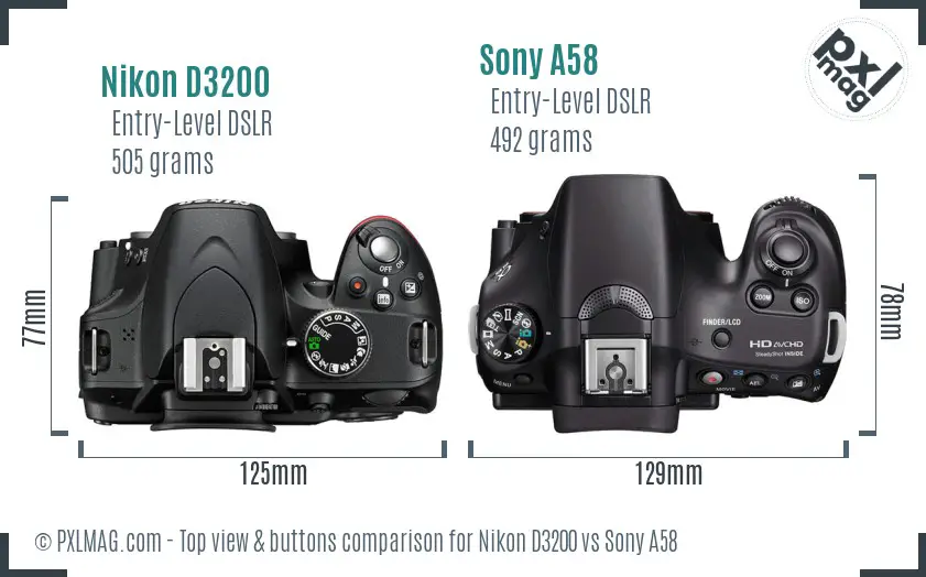 Nikon D3200 vs Sony A58 top view buttons comparison