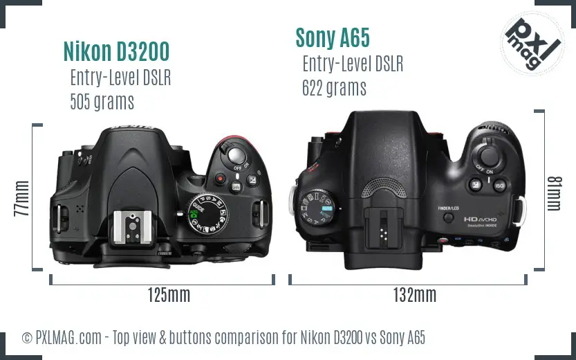 Nikon D3200 vs Sony A65 top view buttons comparison