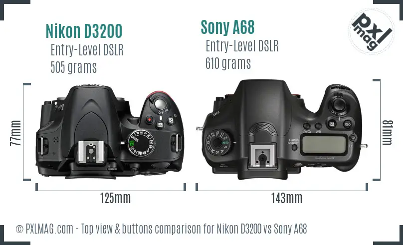 Nikon D3200 vs Sony A68 top view buttons comparison