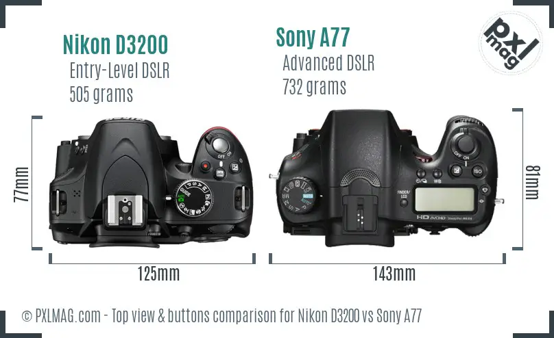Nikon D3200 vs Sony A77 top view buttons comparison Nikon D3200 vs Sony A77 top view buttons comparison