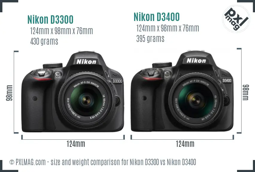 Nikon D3300 vs Nikon D3400 size comparison
