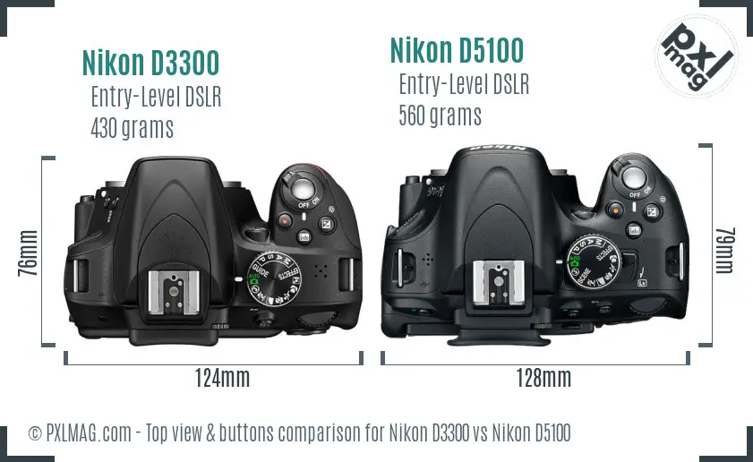 Nikon D3300 vs Nikon D5100 top view buttons comparison