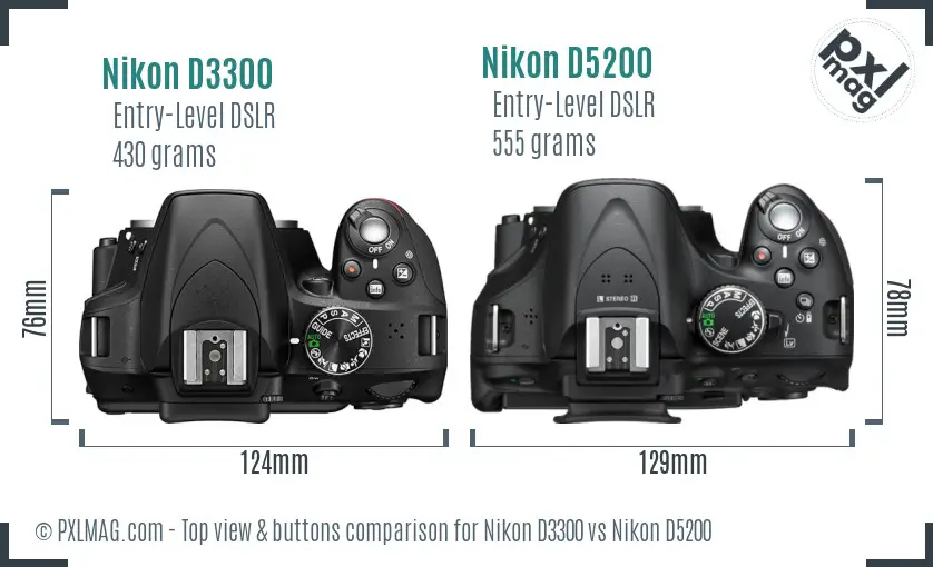 Nikon D3300 vs Nikon D5200 top view buttons comparison