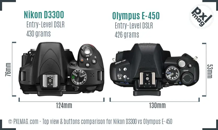 Nikon D3300 vs Olympus E-450 top view buttons comparison