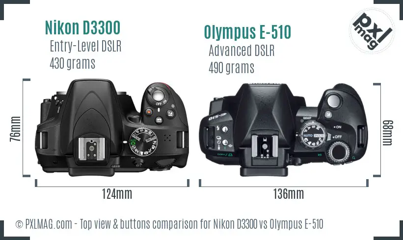 Nikon D3300 vs Olympus E-510 top view buttons comparison
