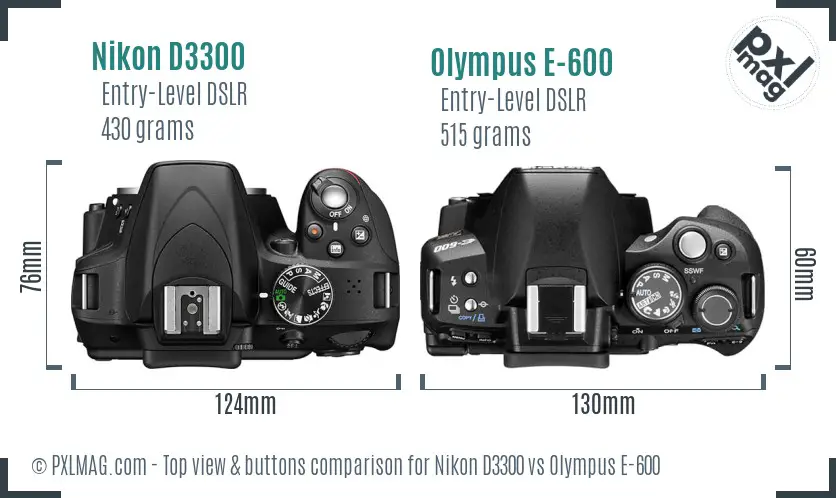 Nikon D3300 vs Olympus E-600 top view buttons comparison