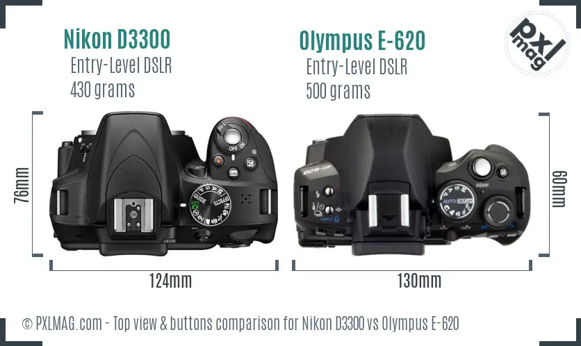 Nikon D3300 vs Olympus E-620 top view buttons comparison