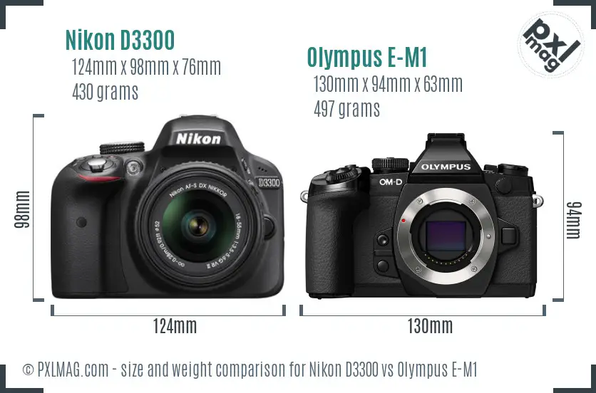 Nikon D3300 vs Olympus E-M1 size comparison Nikon D3300 vs Olympus E-M1 size comparison