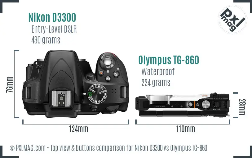 Nikon D3300 vs Olympus TG-860 top view buttons comparison