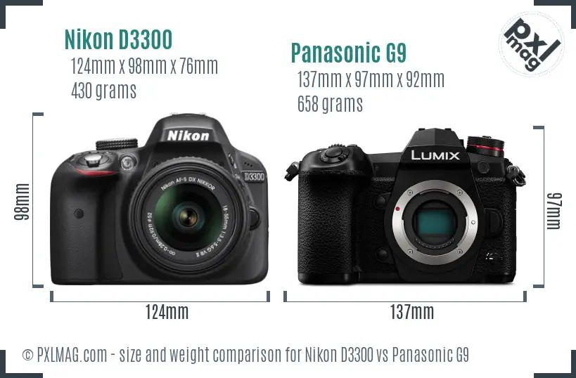Nikon D3300 vs Panasonic G9 size comparison