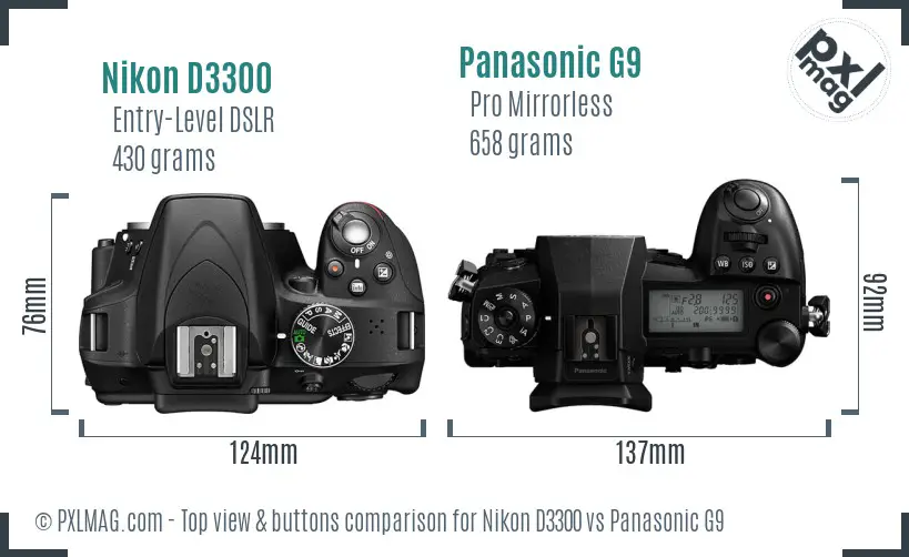 Nikon D3300 vs Panasonic G9 top view buttons comparison