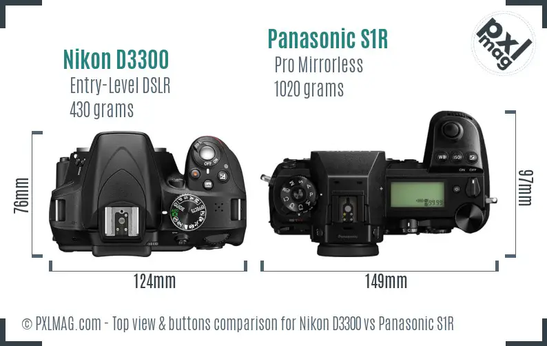 Nikon D3300 vs Panasonic S1R top view buttons comparison